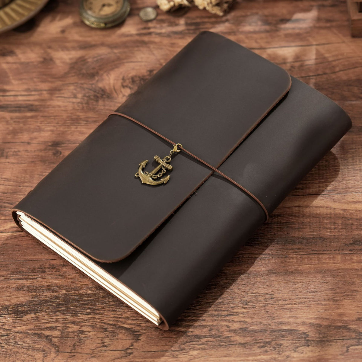 Coffee brown A5 trifold leather notebook with vintage brass detail