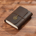 Coffee brown trifold leather notebook with vintage brass compass detail