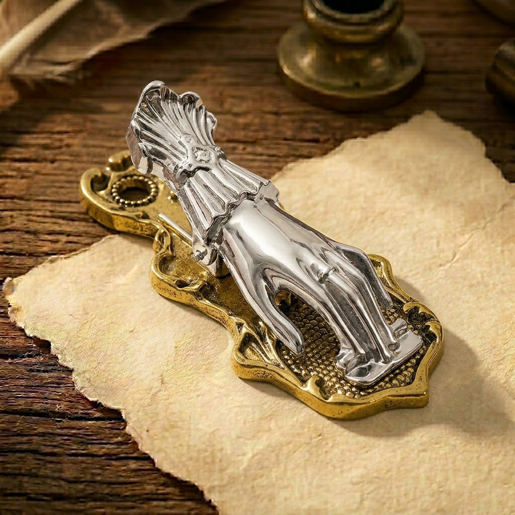 A unique two-tone metal journal clip shaped like a Victorian Lady's Hand (no pearl). The hand itself is a cool vintage silver, while the intricate lace-ruffle cuff is a rich aged antique bronze, creating a beautiful contrast. It is clamping a small stack of diverse vintage papers.
