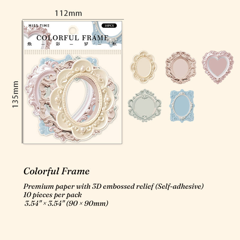Colorful Frame 3D embossed relief stickers in pastel pink and blue with pearl details for romantic journal decor