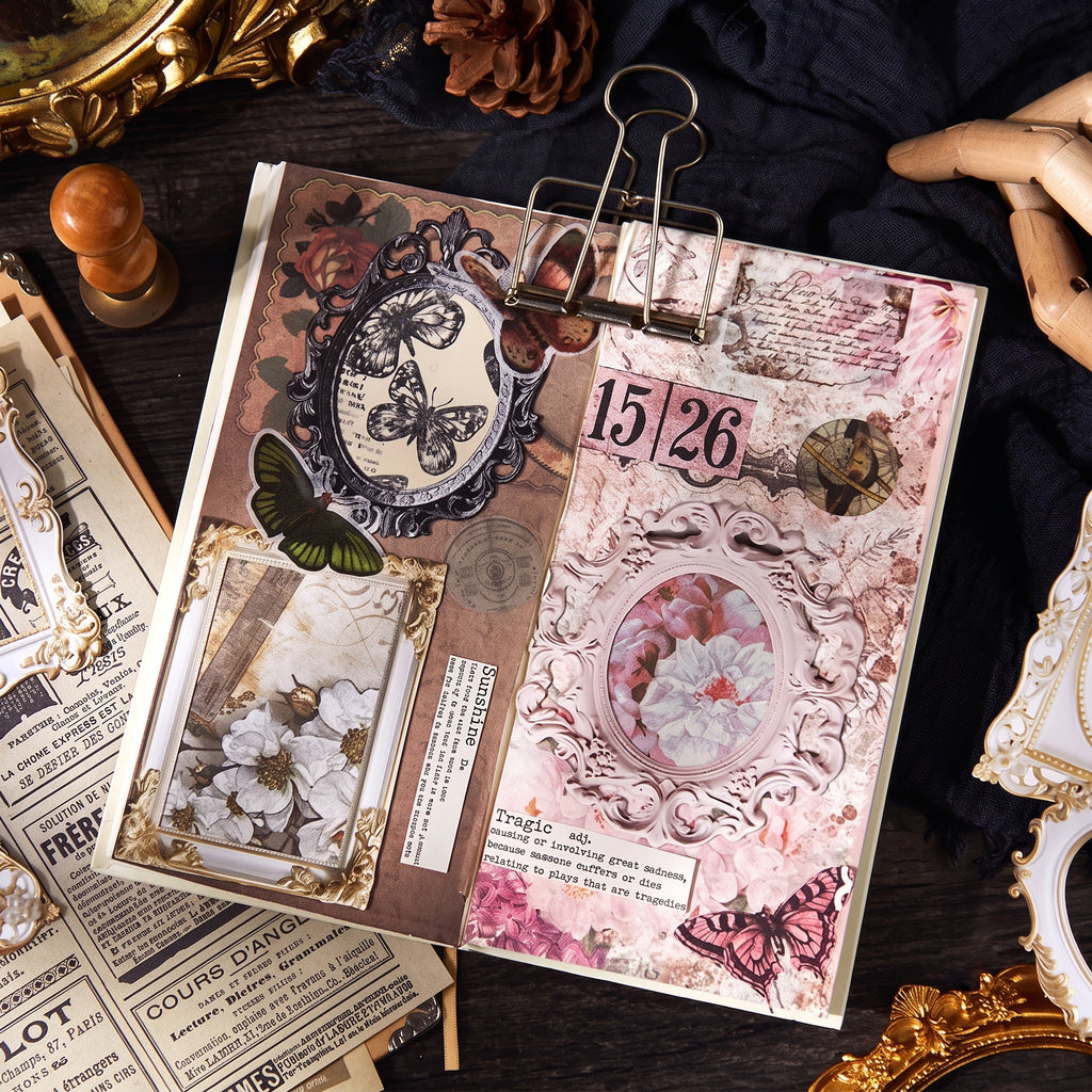 Closeup of Dark Gothic and French-Style 3D embossed frame stickers on vintage newspaper background