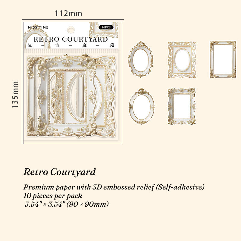 Retro Courtyard 3D embossed gold frame stickers with ornate architectural details for junk journals
