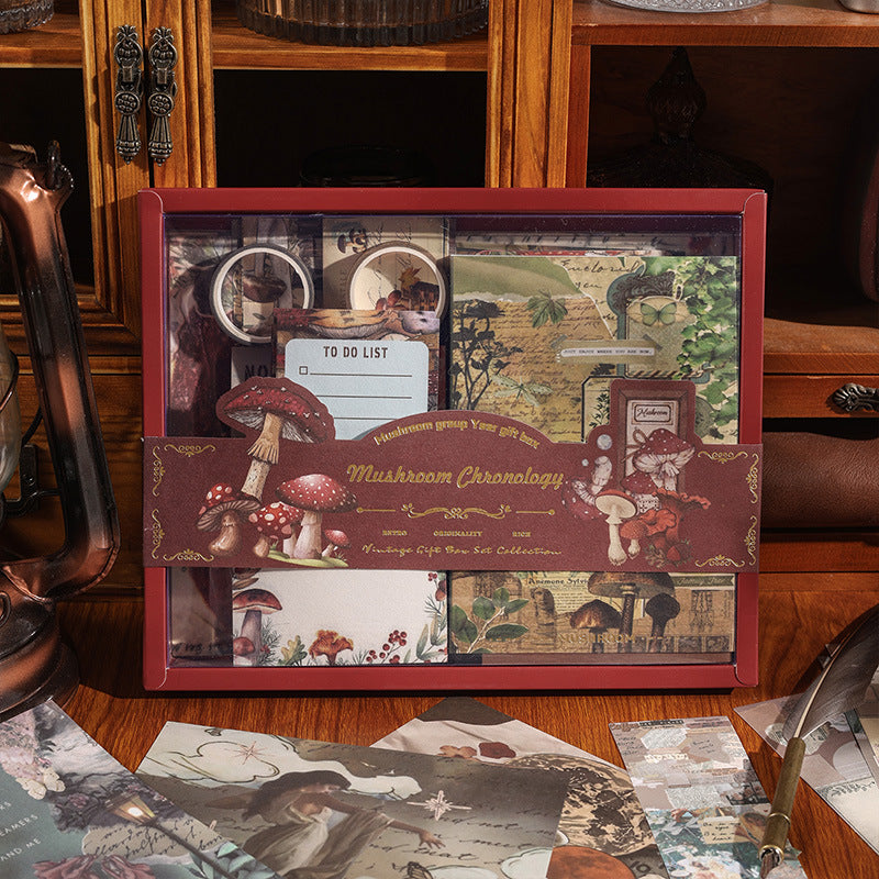 Vintage Botany red scrapbook kit for beginners, packed with mushroom, floral, and cottagecore aesthetic journaling supplies.