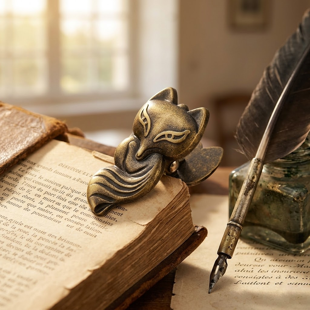 Macro shot of an Aged Antique Bronze fox metal journal clip clamping a vintage book next to a quill. A perfect Dark Academia aesthetic desk accessory.