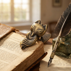 Macro shot of an Aged Antique Bronze fox metal journal clip clamping a vintage book next to a quill. A perfect Dark Academia aesthetic desk accessory.
