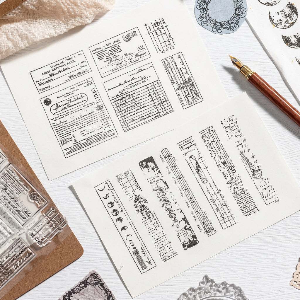Clear stamping workspace – silicone stamp sheet, ink pads and stamped journal pages in progress