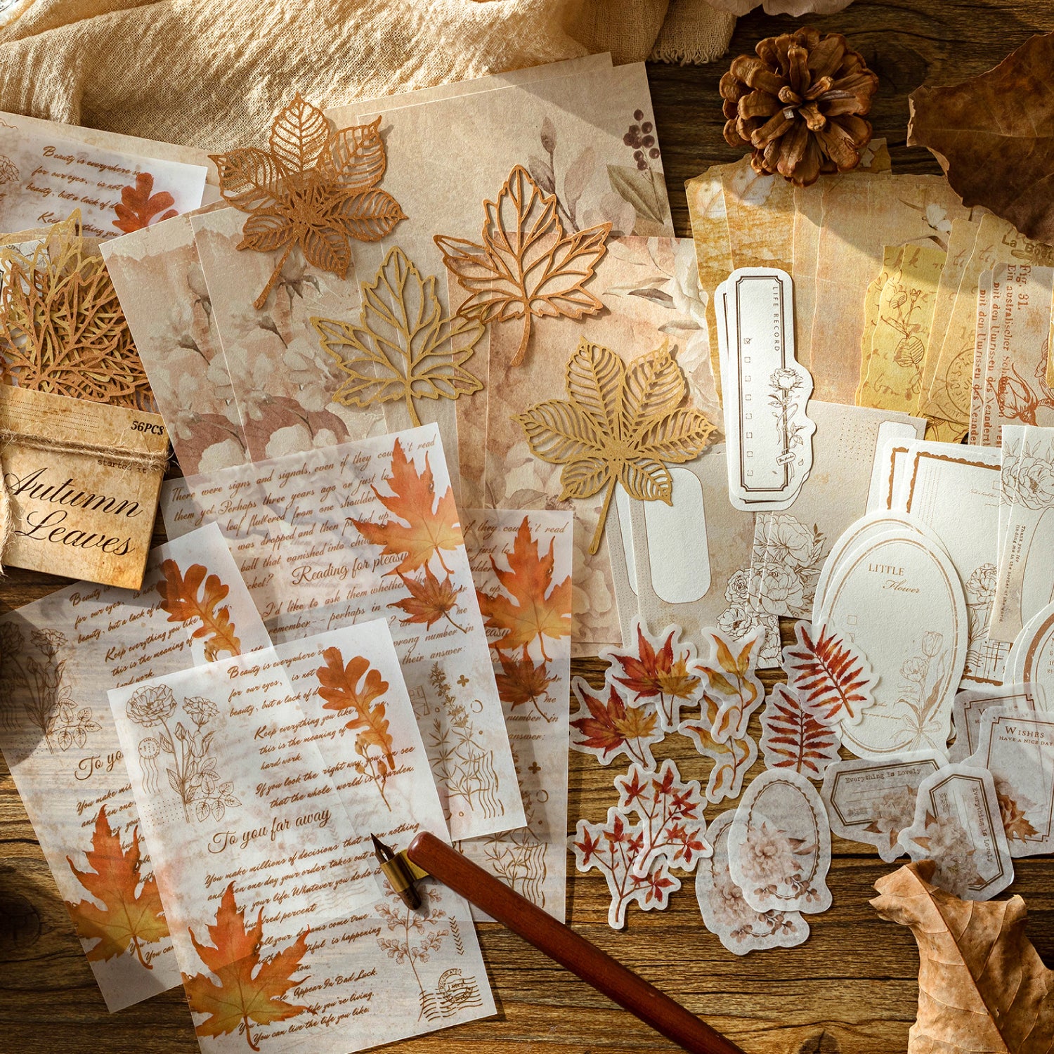 Warm amber autumn leaf ephemera sticker collage for vintage junk journal spreads
