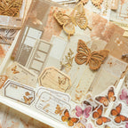Butterfly and architectural ephemera sticker mix with autumn leaves for vintage scrapbook