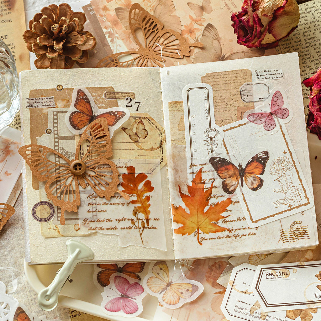 Pink and brown butterfly silhouette ephemera sticker set with postal stamps for journal spreads