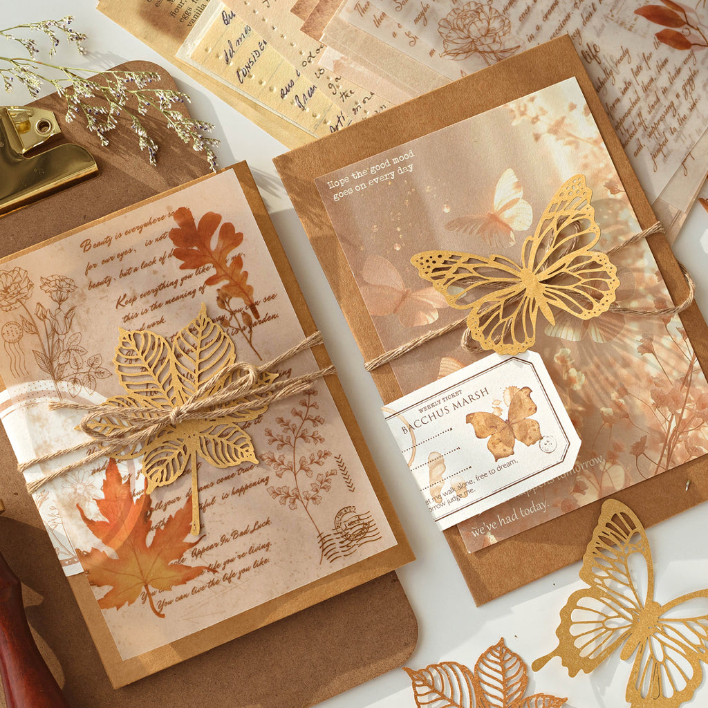 Golden autumn envelope and vintage tag ephemera sticker collection for journal layering