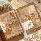 Golden autumn envelope and vintage tag ephemera sticker collection for journal layering