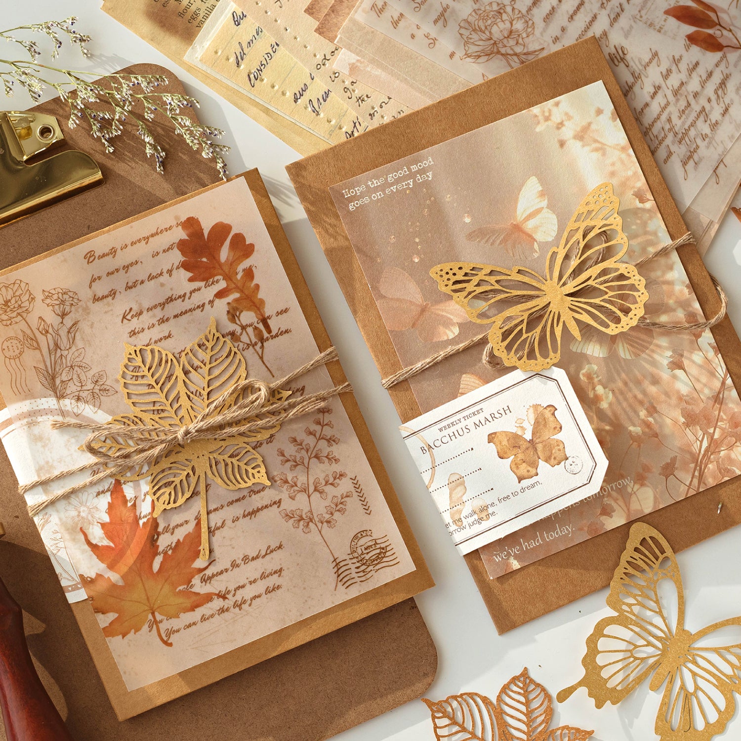 Golden autumn envelope and vintage tag ephemera sticker collection for journal layering