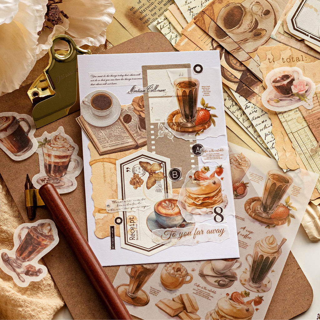 Sepia receipt and architectural sketch ephemera sticker set for vintage journal collage