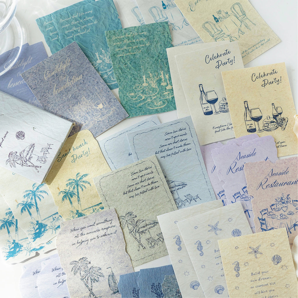 Mixed vintage textured journal cards seaside candlelight beach party blue teal cards ephemera set
