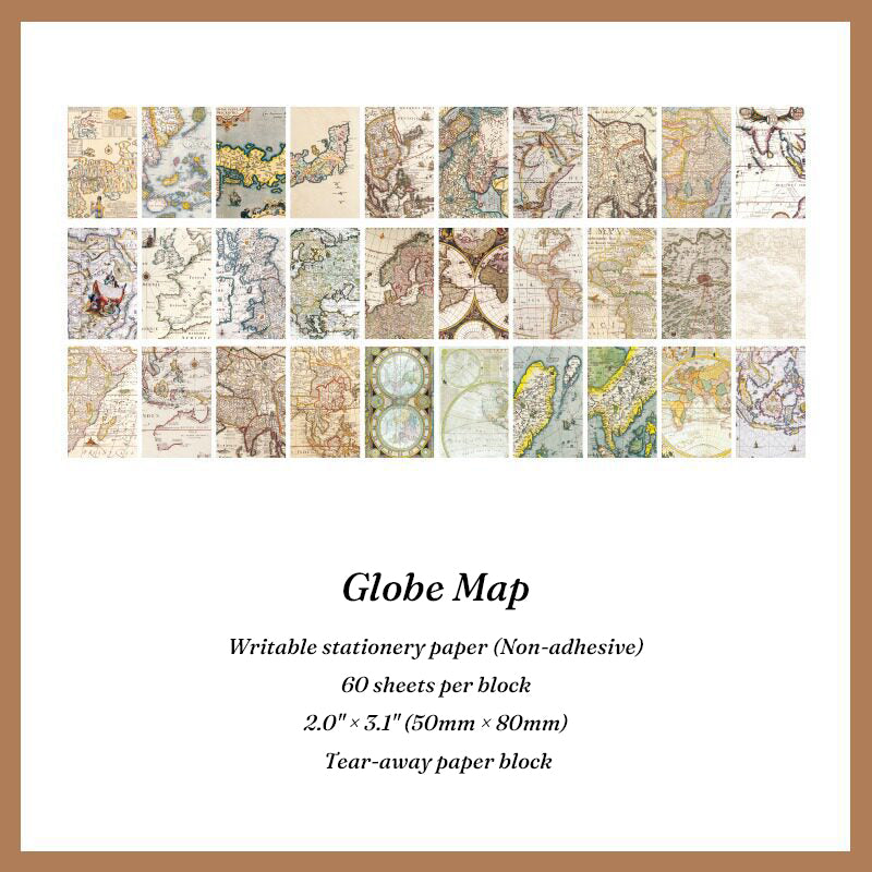 Antique globe map paper block with aged cartography prints for junk journal backgrounds