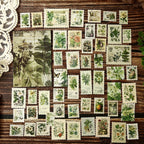 All 50 floral postage stamp stickers laid out in a grid – botanical designs, no repeats, die-cut perforated edges