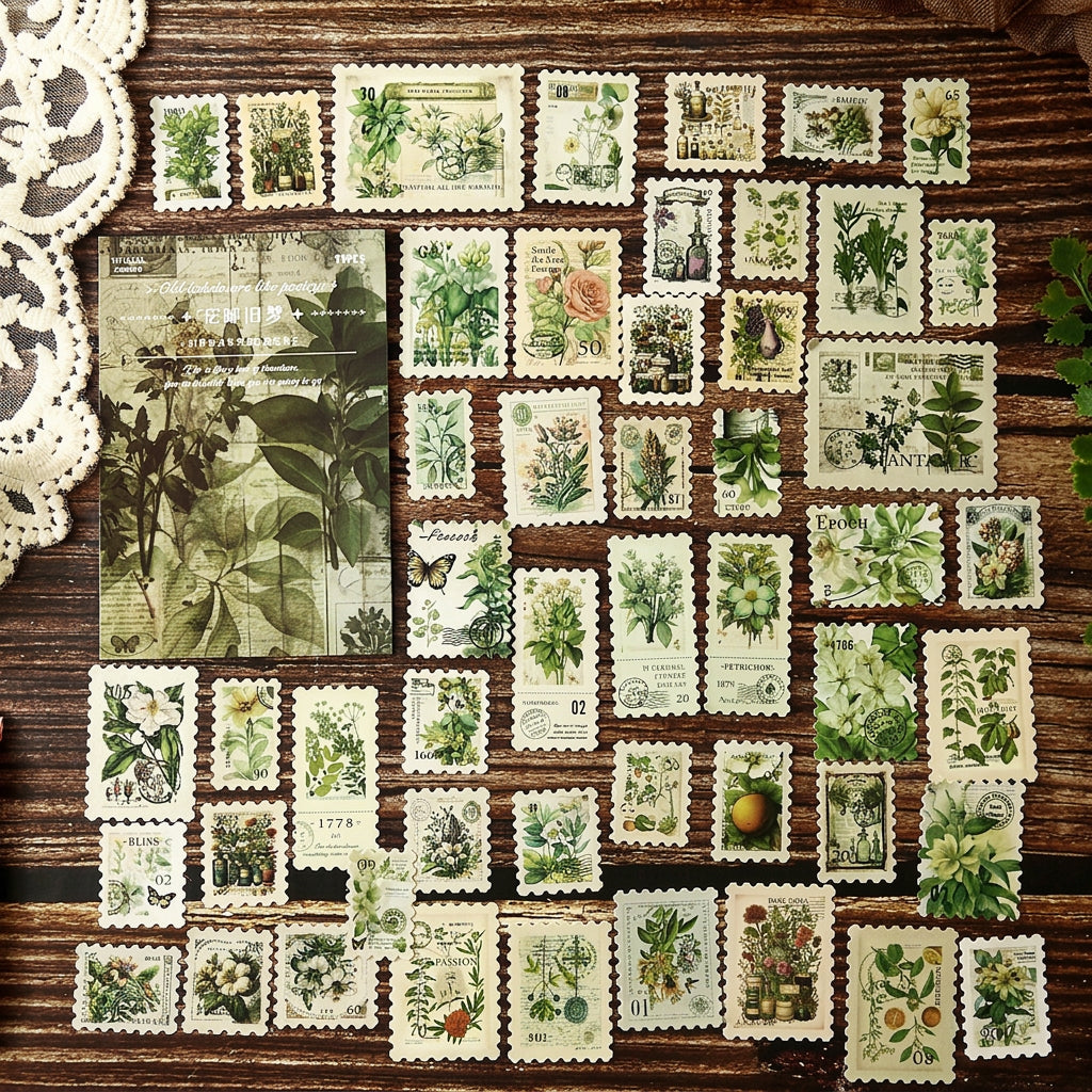 All 50 floral postage stamp stickers laid out in a grid – botanical designs, no repeats, die-cut perforated edges