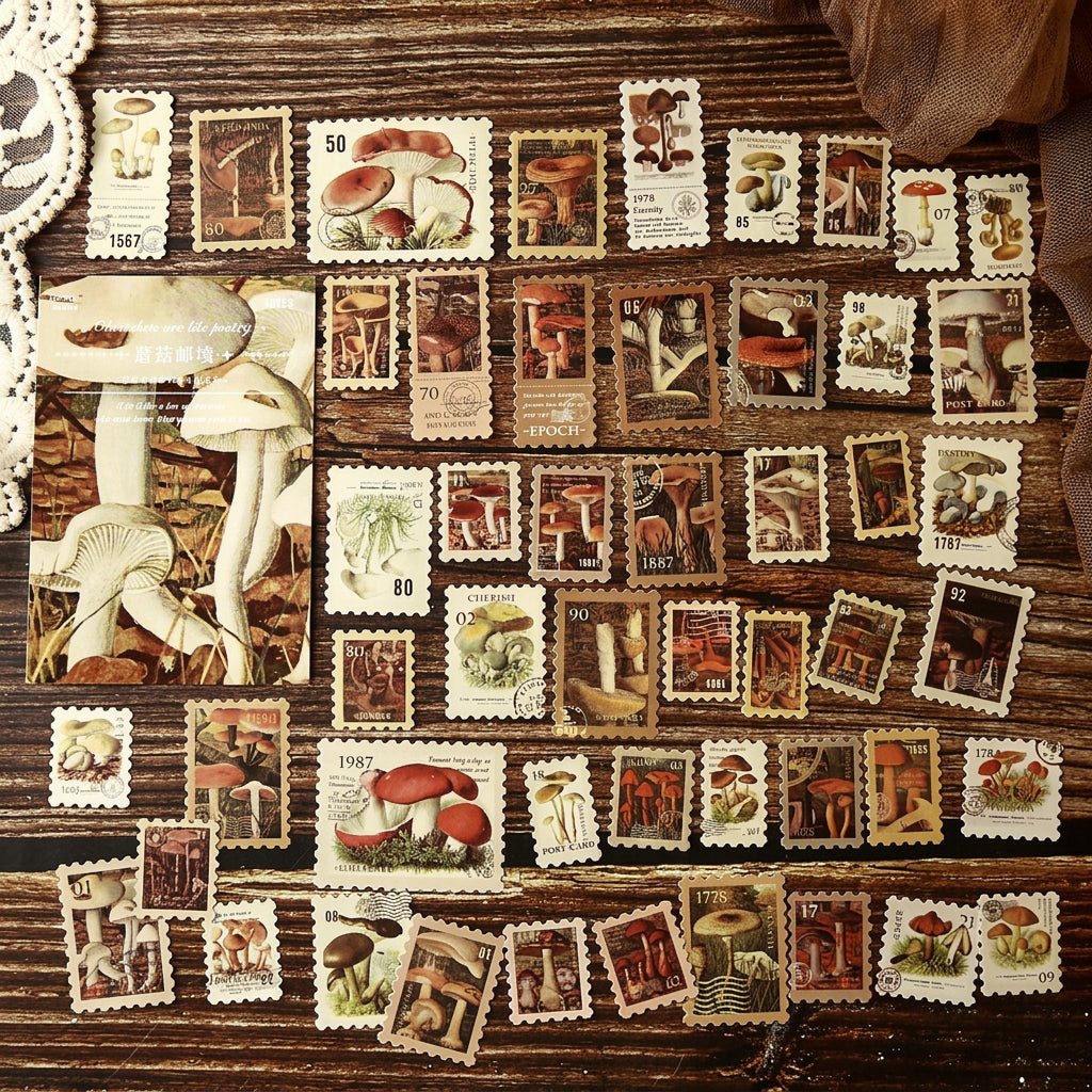 All 50 sepia-toned vintage postage stamp stickers in a grid – aged paper look with antique illustrations and postmarks
