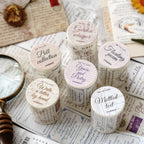 Six vintage English script washi tape rolls flatlay collection journal supplies
