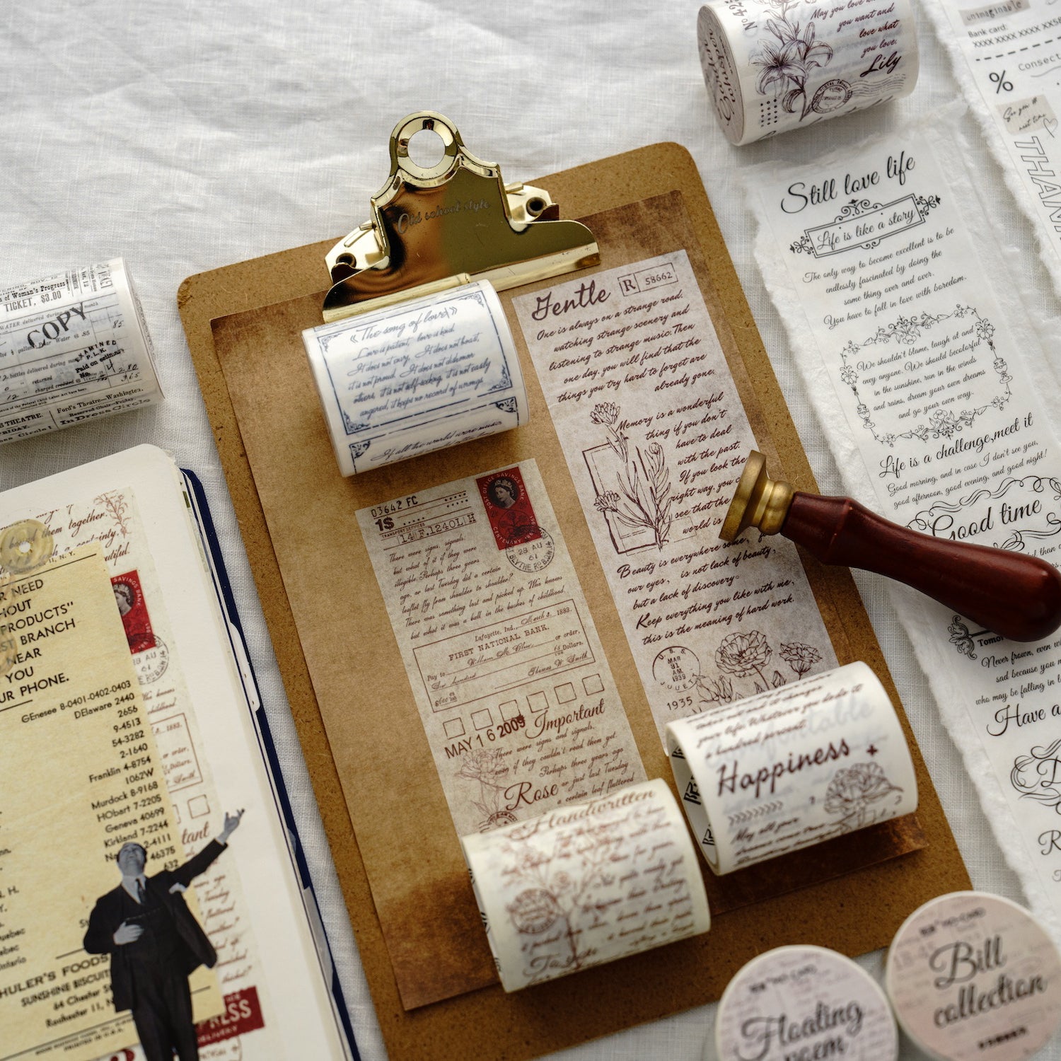 Tan vintage script washi tape vintage tickets receipt ephemera journal roll
