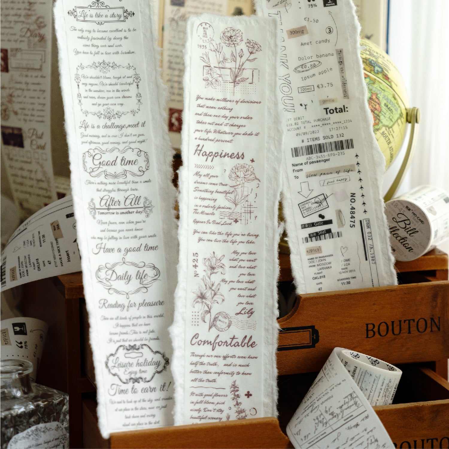 Green vintage script washi tape botanical garden notes journal border roll