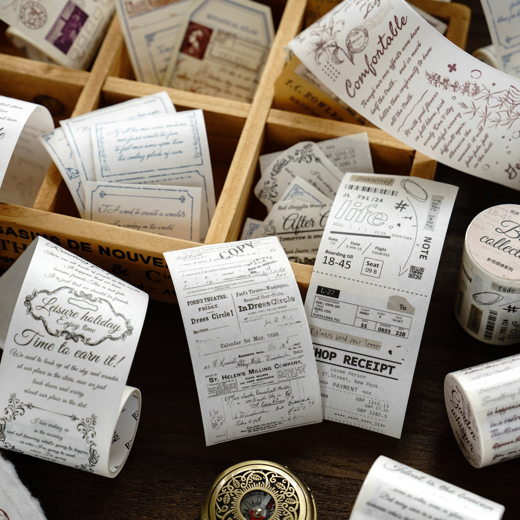 Sepia vintage script washi tape shimmer poetry fragments journal border roll