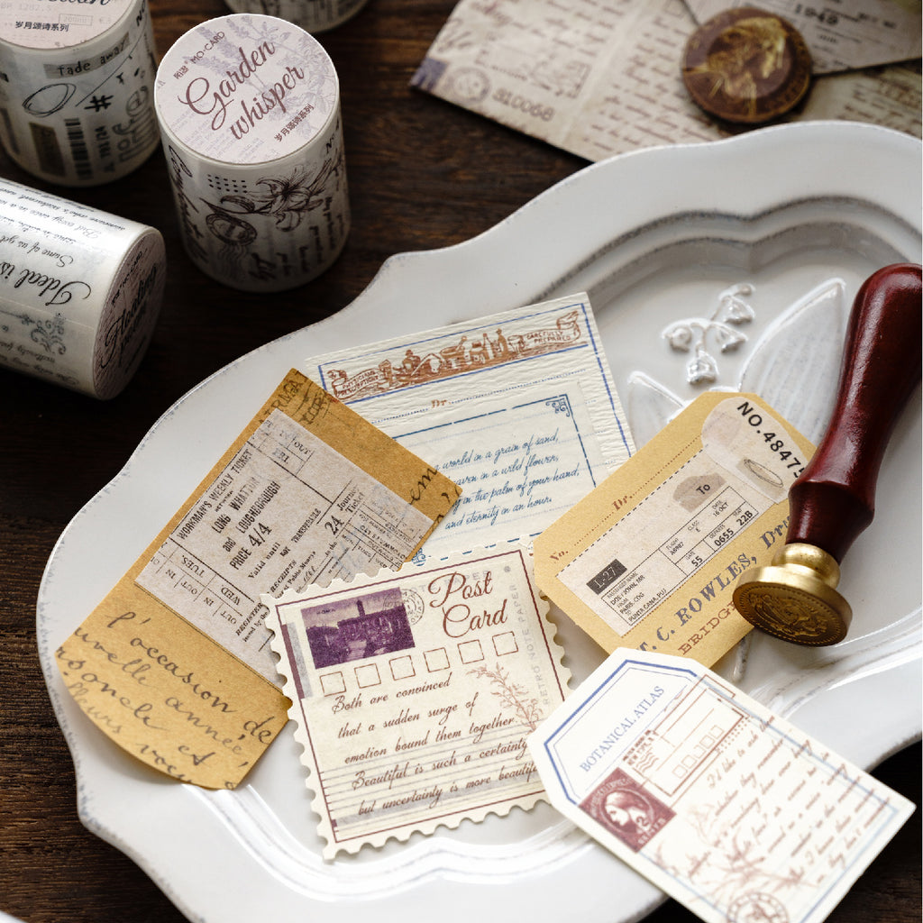 Cream vintage script washi tape letter handwriting postal marks journal roll