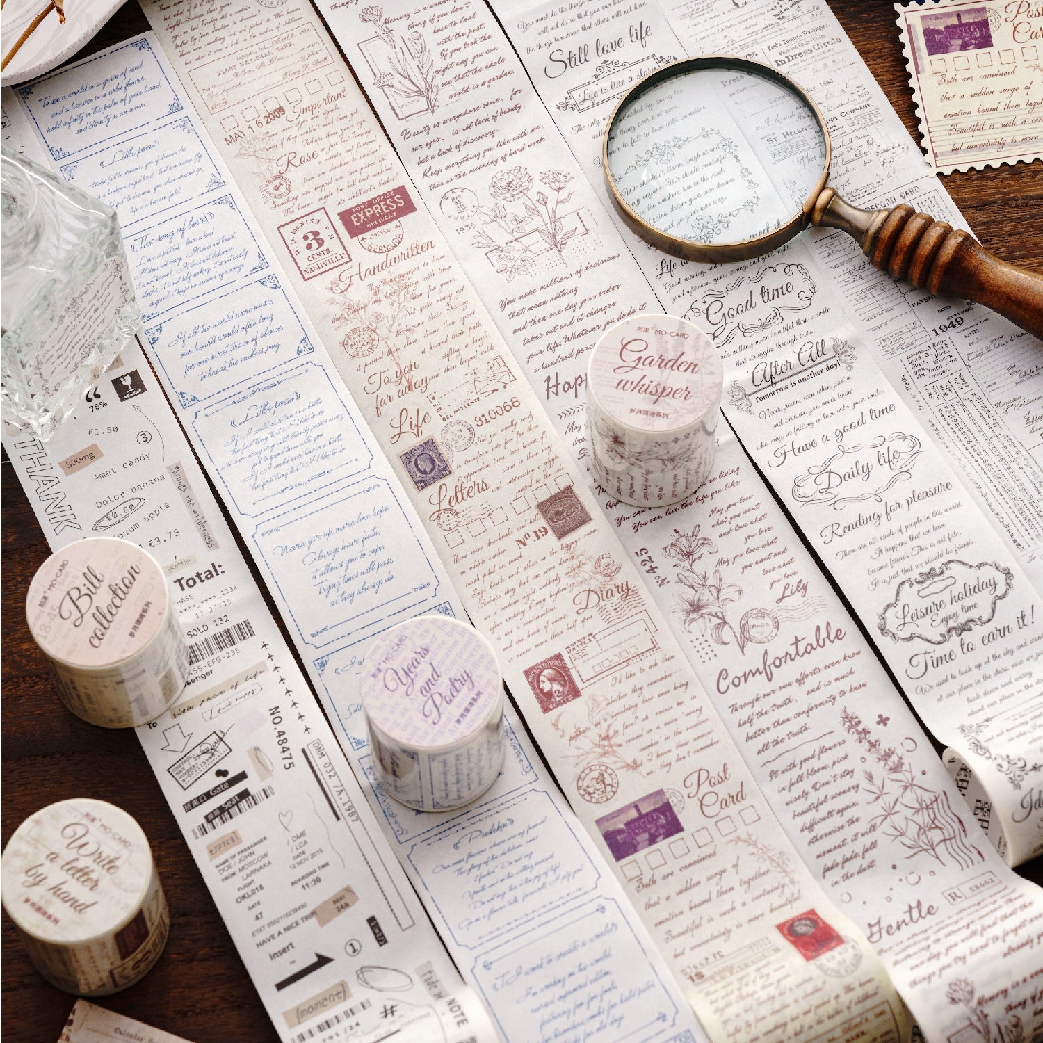 Brown vintage script washi tape poetry verses time ode journal border roll