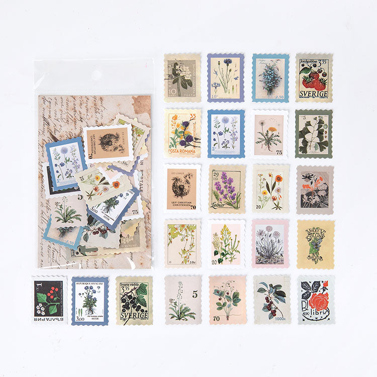 Botanical vintage postage stamp stickers with wildflower illustrations, soft greens and perforated edges for journal spreads.