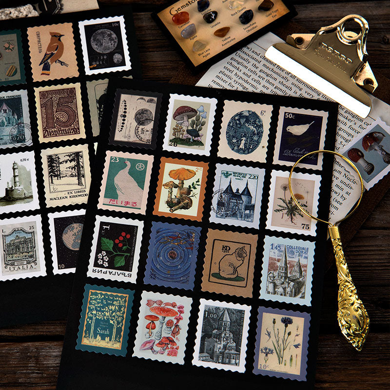 Complete collection of vintage postage stamp stickers on black background, botanical mushroom and travel themes with gold magnifying glass.