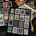 Complete collection of vintage postage stamp stickers on black background, botanical mushroom and travel themes with gold magnifying glass.