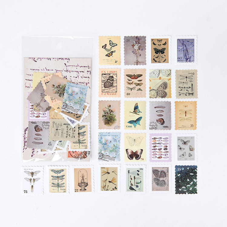 Insect vintage postage stamp stickers with beetle and butterfly illustrations, museum-style perforated edges for journal layering.