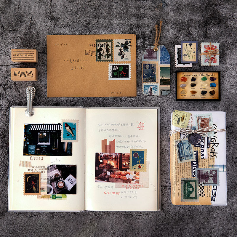 Vintage postage stamp stickers used in journal collage with envelope seals and scrapbook spreads, ephemera and wax seal accents.