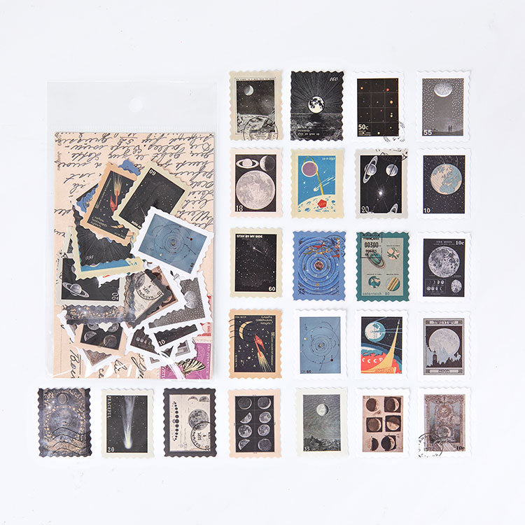 Space vintage postage stamp stickers with planet and constellation illustrations, deep navy tones for celestial journal spreads.