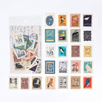 Vintage gallery postage stamp stickers with classical art illustrations, aged sepia tones and perforated edges for antique journals.
