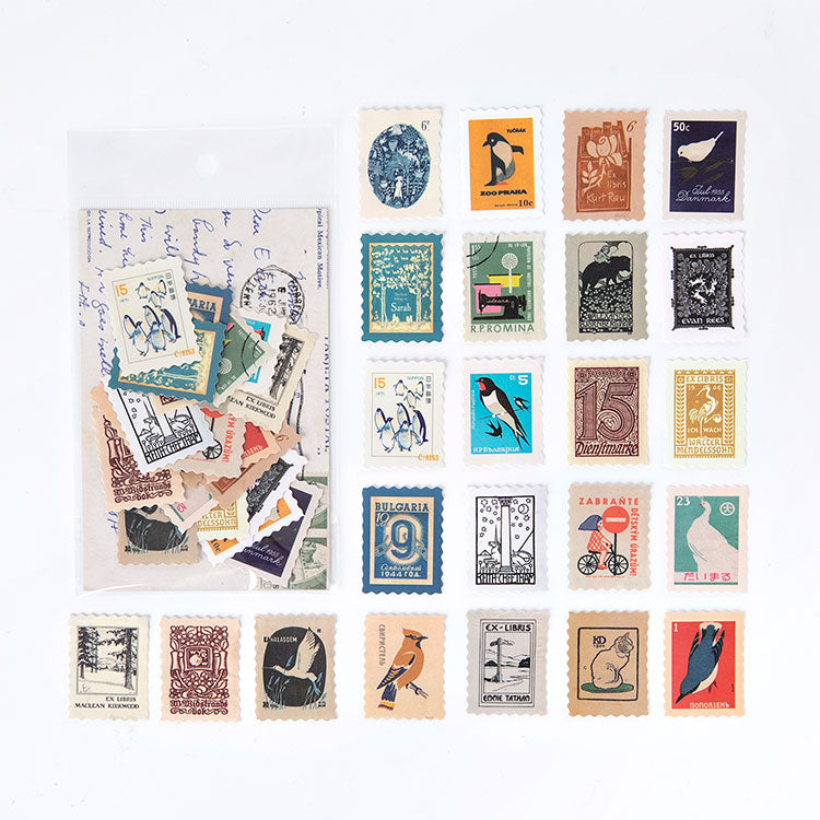 Vintage gallery postage stamp stickers with classical art illustrations, aged sepia tones and perforated edges for antique journals.