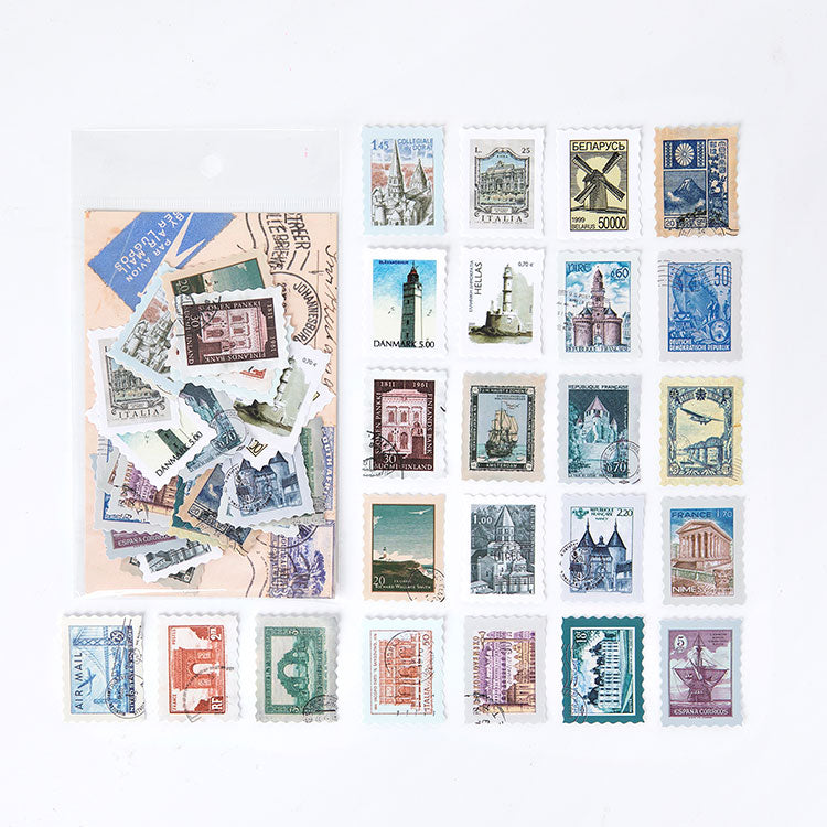 World travel vintage postage stamp stickers with landmark illustrations, muted blues and creams for travel journal ephemera.