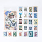 World travel vintage postage stamp stickers with landmark illustrations, muted blues and creams for travel journal ephemera.