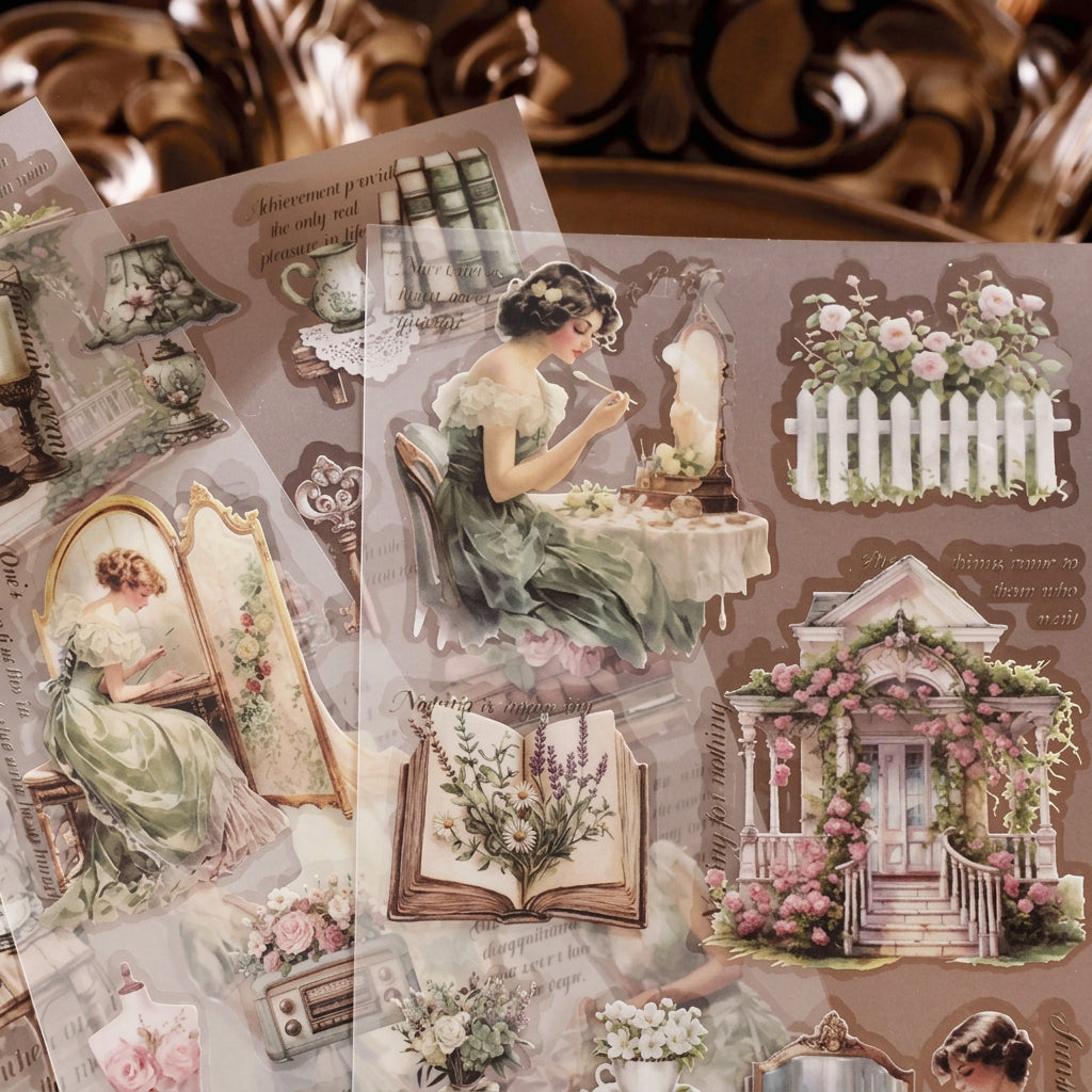 vintage interior scene transfer stickers old library study journal decor