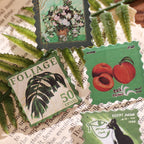 forest letters vintage postage stickers green botanical ferns and cherry designs