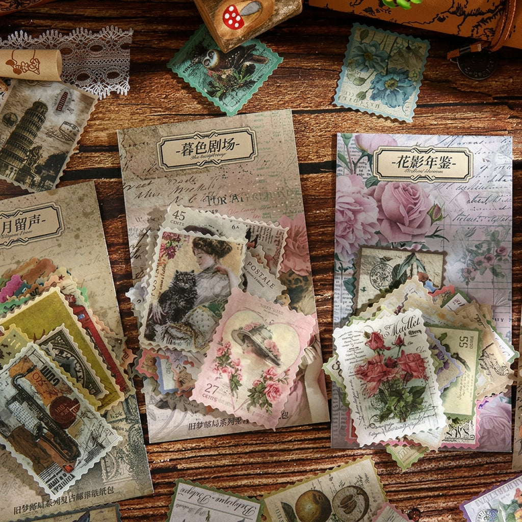 old dream post office sticker packs flat lay aged paper postage stamp collection