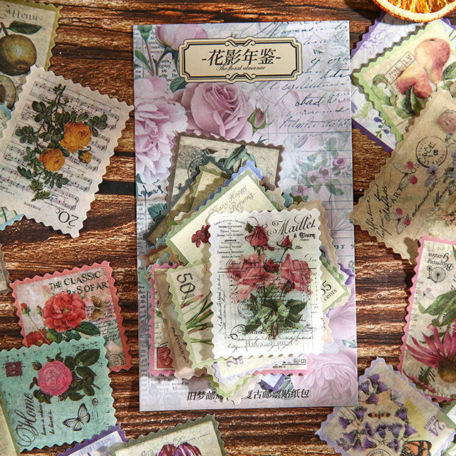 floral yearbook sticker pack upright with scattered vintage flower stamps