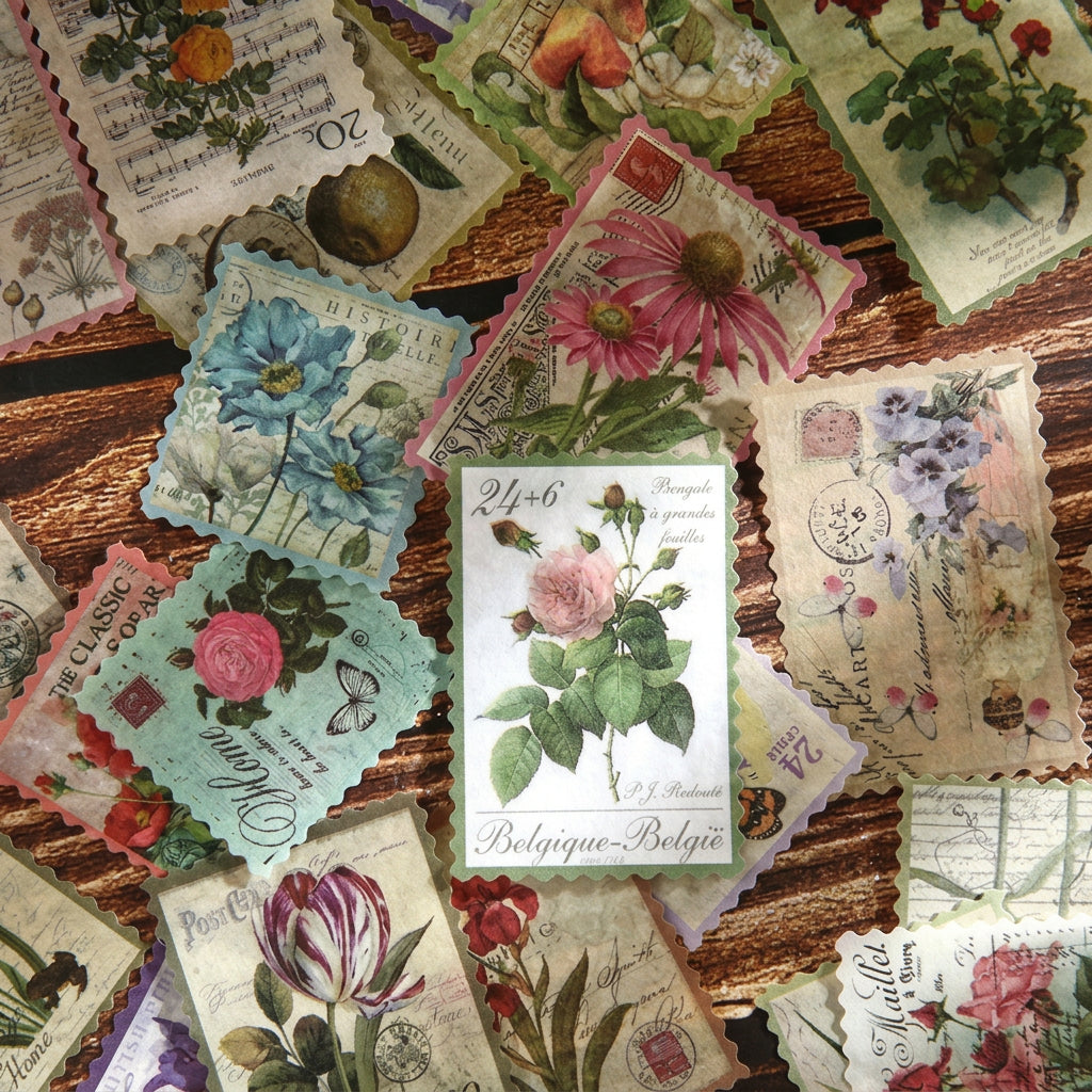 vintage floral postage stickers scattered roses and tulips aged washi stamps