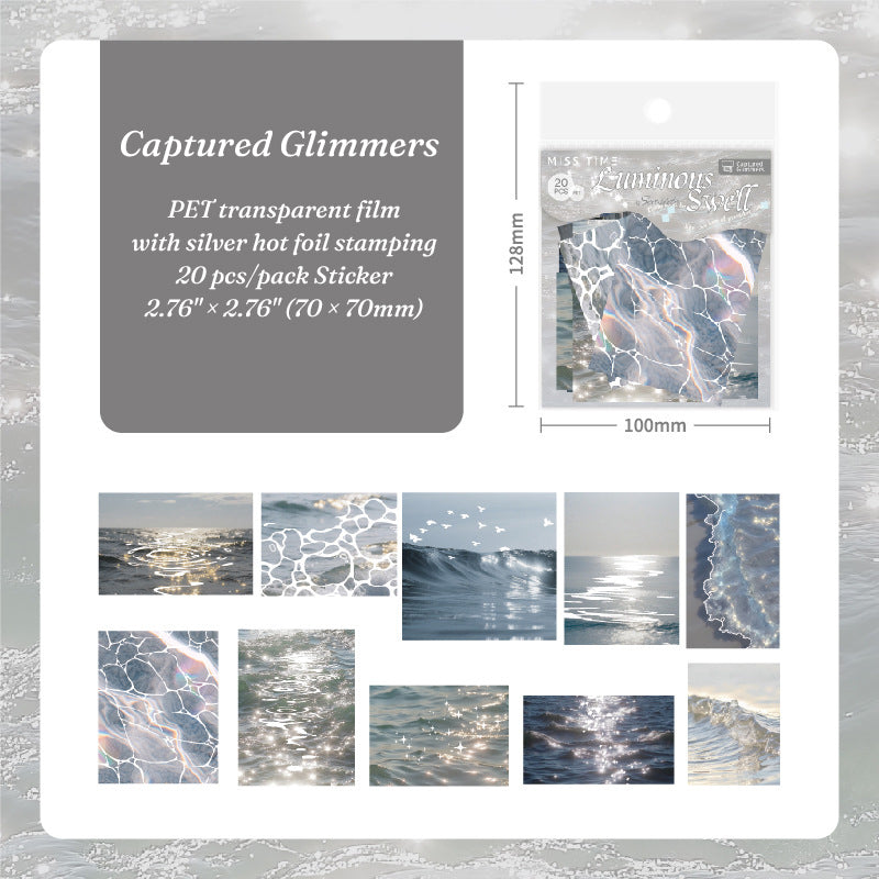 Captured Glimmers water ripple PET stickers with silver foil sea surface shimmer for journaling