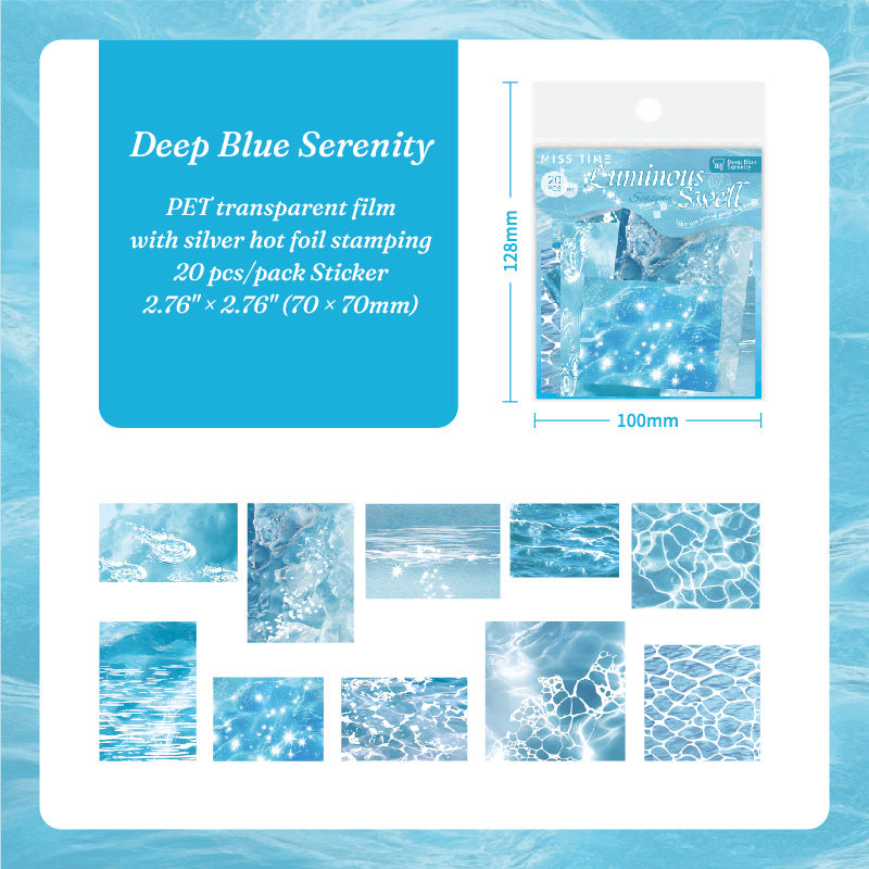 Deep Blue Serenity ocean bubble PET stickers with silver foil for blue aesthetic journal decor