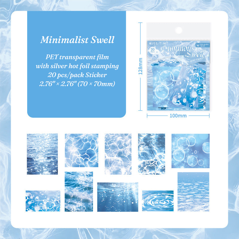 Minimalist Swell blue water ripple PET stickers with bubble patterns for clean journal layouts