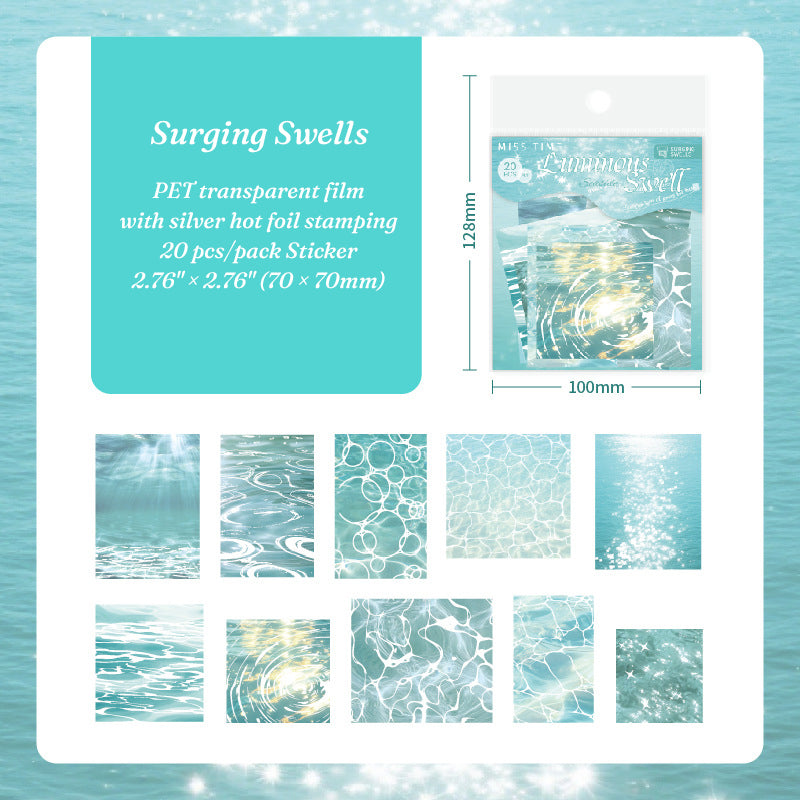 Surging Swells teal ocean wave PET stickers with silver foil sparkle for nature journal spreads