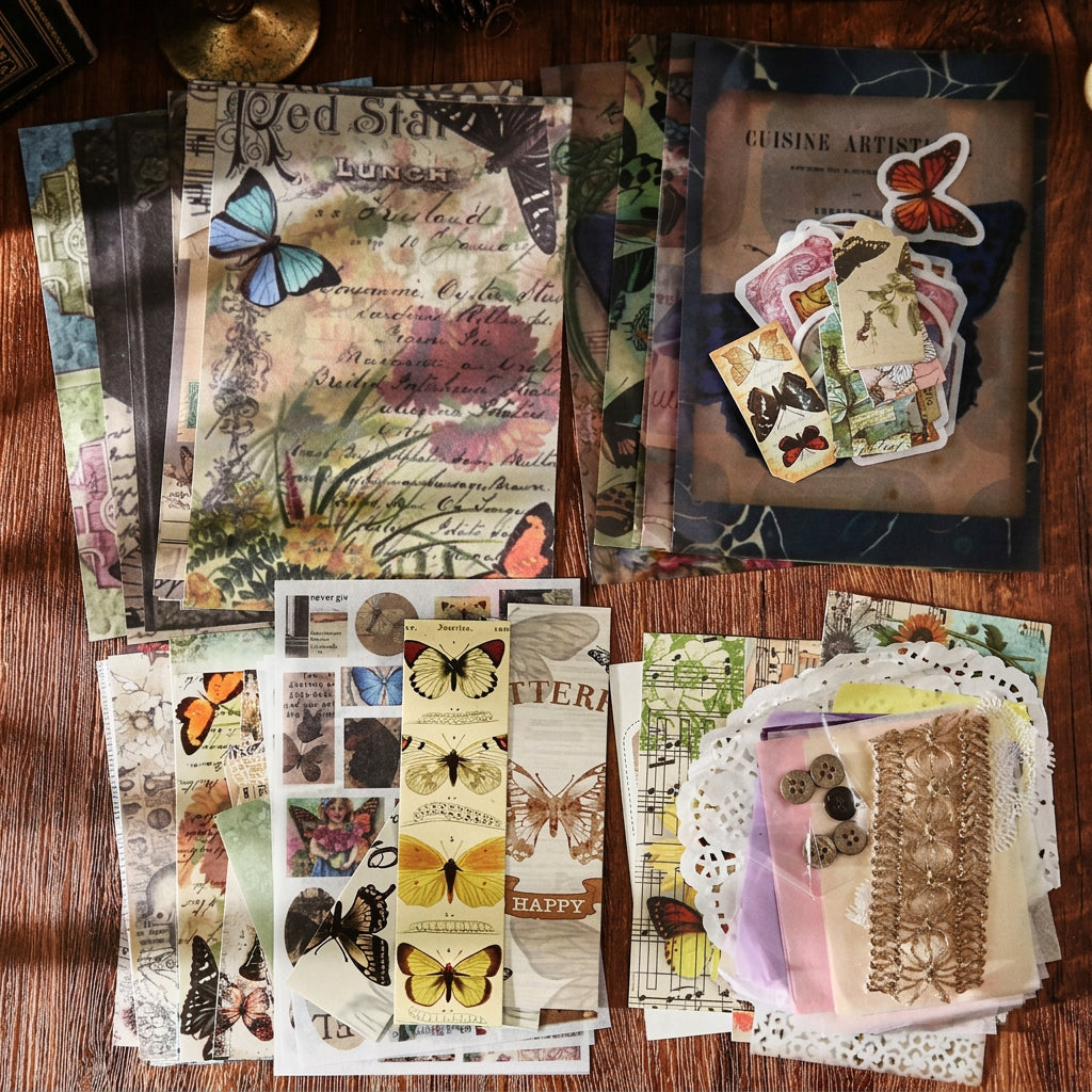 Ink & Old Things edition contents – dark green themed postcards, stickers, lace and paper ephemera pieces