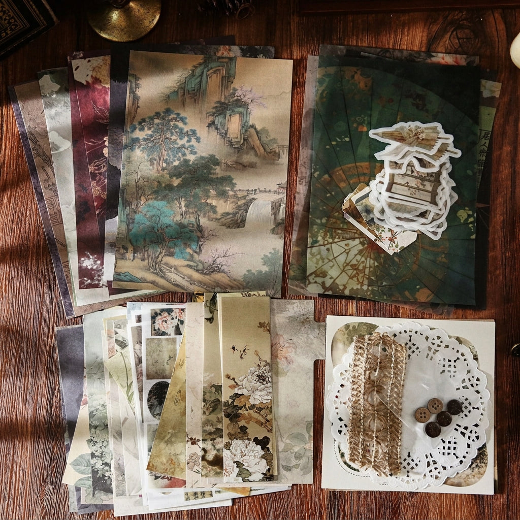 Close-up of dark academia ephemera pieces – aged paper textures, botanical prints and kraft hang tags
