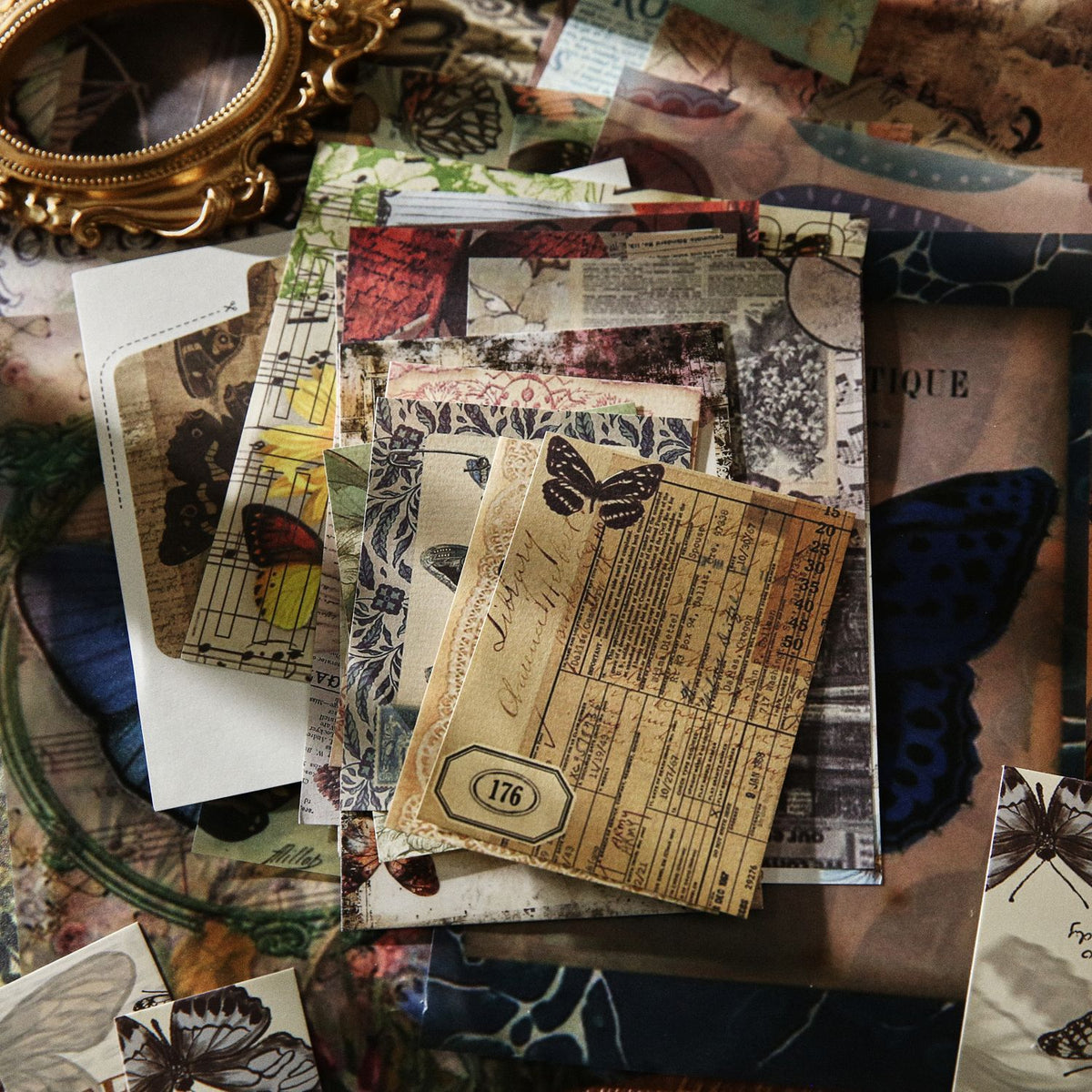 Whispers of Time vintage ephemera pack – 140 pieces of paper, lace, tags and stickers in a dark academia color story